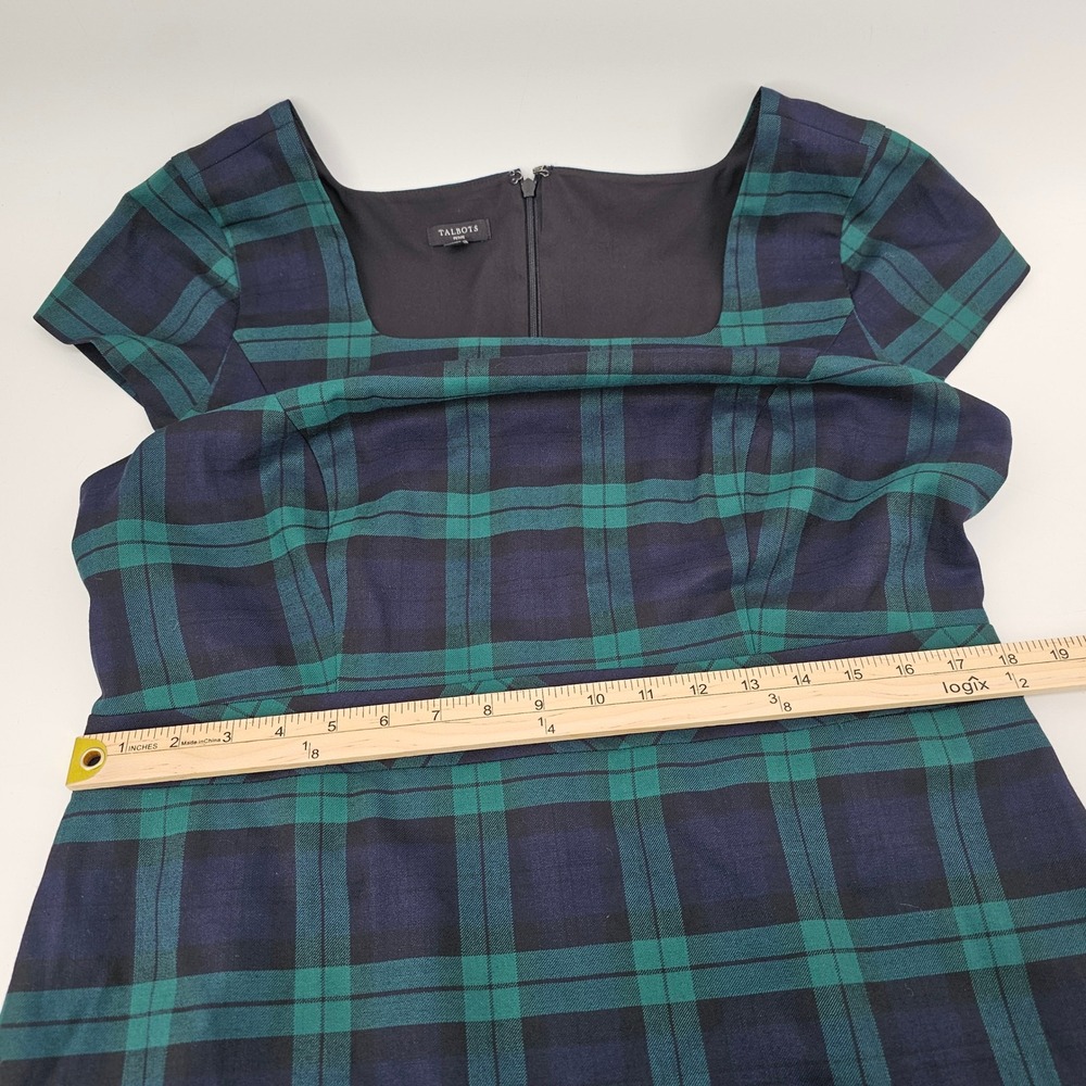 Talbots Plaid Sheath Dress 14P Green Navy Wool Blend Cap Sleeve Square Neck - Picture 4 of 6